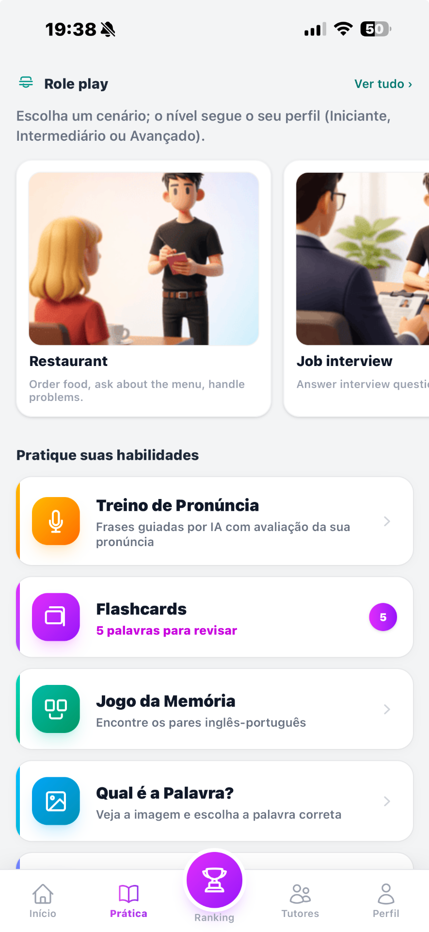 Tela de prática do GenioTalks