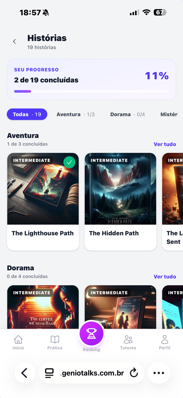 Tela de histórias do app GenioTalks